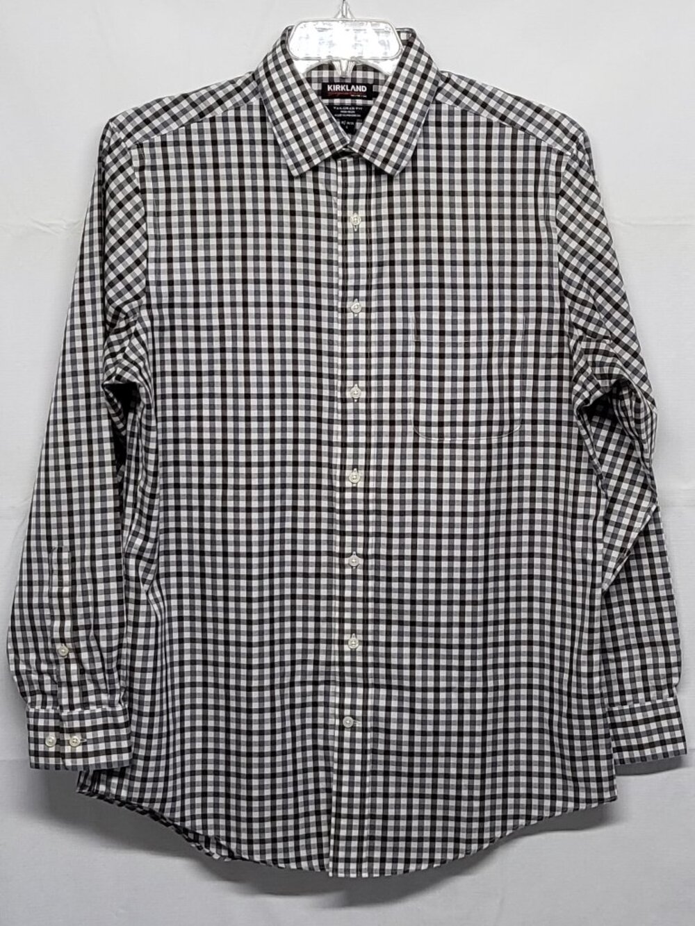 Kirkland Mens Dress Shirt Size L 16.5 34/35 Gingham Tailored Fit Non Iron